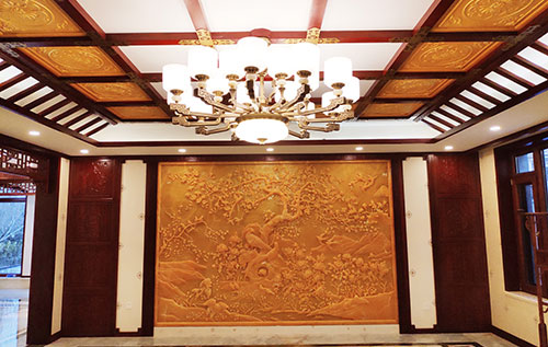 普洱中式别墅客厅中式木作横梁吊顶装饰展示